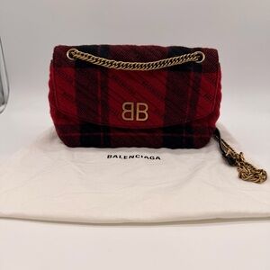 Balenciaga BB Chain Flap Bag Red Black Tartan Wool Gold Logo/like new